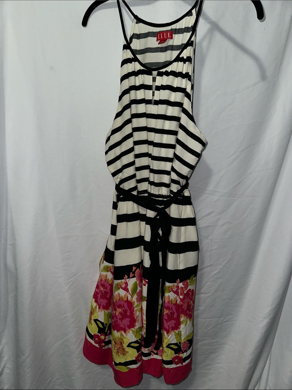 ELLE Black & White Striped Midi Dress with Pink Floral Border